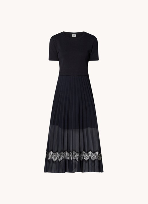 Claudie Pierlot Teli midi jurk met plissé en kant - voorkant 3 donkerblauw