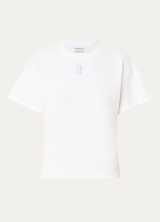 Claudie Pierlot Tomo T-shirt van piqué katoen met logoborduring - voorkant 3 gebroken wit