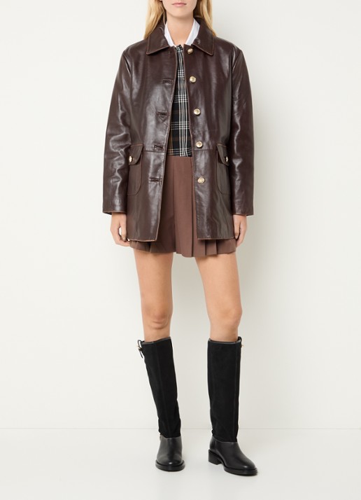 Claudie Pierlot Trenchcoat van lamsleer met klepzakken - voorkant 4 roodbruin