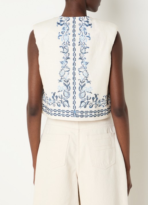 Claudie Pierlot Viviane gilet van linnen met schoudervulling en print - achterkant gebroken wit