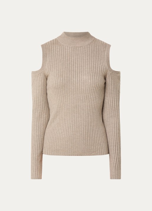 Co'Couture Balin ribgebreide top in wolblend met cut out-detail  - voorkant 2 khaki