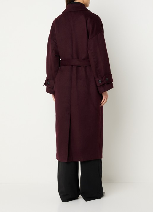 Co'Couture Clara mantel in wolblend met strikceintuur - achterkant aubergine