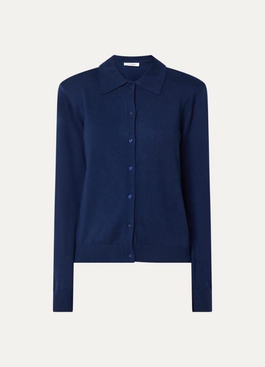 Co'Couture CoryCC fijngebreid vest in wolblend met schoudervulling en kraag - voorkant 2 donkerblauw