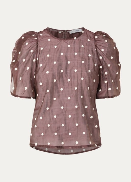 Co'Couture DitaCC semi-transparante tuniek met stippenprint en pofmouw - voorkant 2 bruin