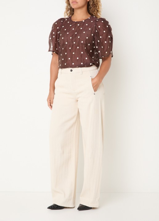 Co'Couture DitaCC semi-transparante tuniek met stippenprint en pofmouw - voorkant 3 bruin