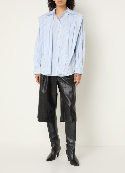Co'Couture Fiora blouse met streepprint en strikceintuur - voorkant 2 lichtblauw