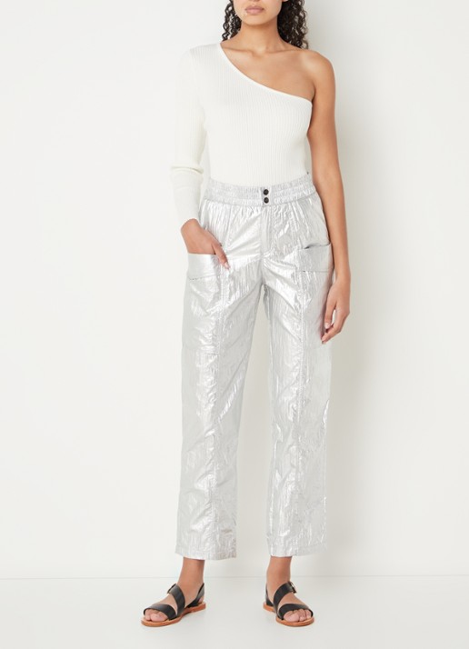 Co'Couture High waist straight fit cargobroek met metallic finish - voorkant 5 zilver