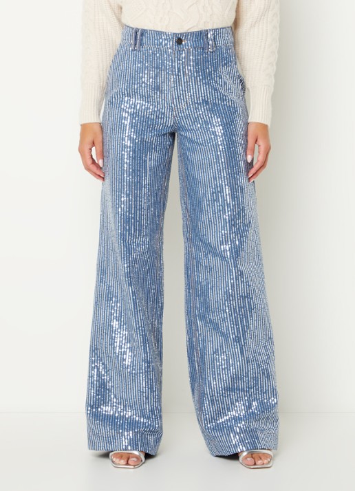 Co'Couture High waist straight leg jeans met medium wassing en pailletten - detail 3 indigo