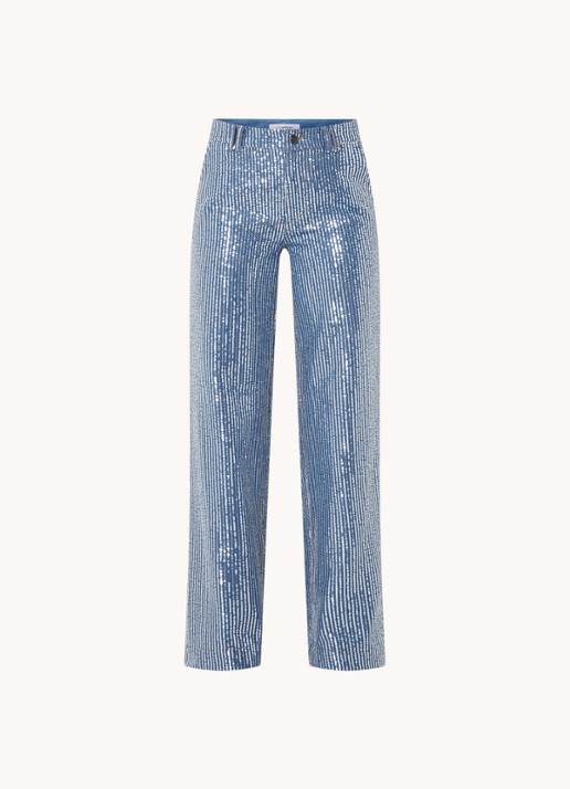 Co'Couture High waist straight leg jeans met medium wassing en pailletten - voorkant indigo