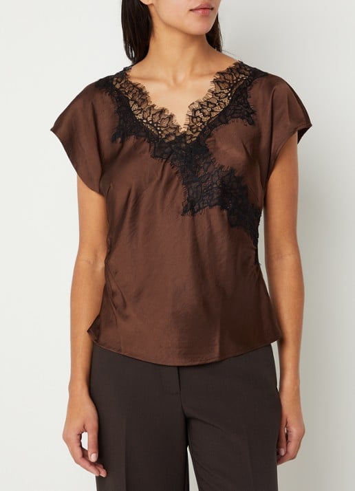 Co'Couture Iduncc top van satijn met kant - achterkant 4 bruin