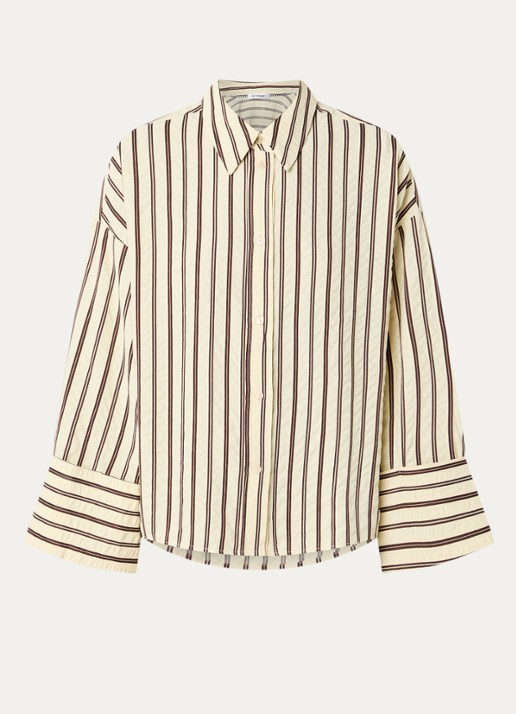 Co'Couture Oxana blouse met streepprint en trompetmouw - voorkant lichtgeel