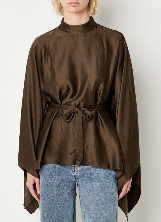 Co'Couture Poncho van satijn met strikceintuur - detail bruin