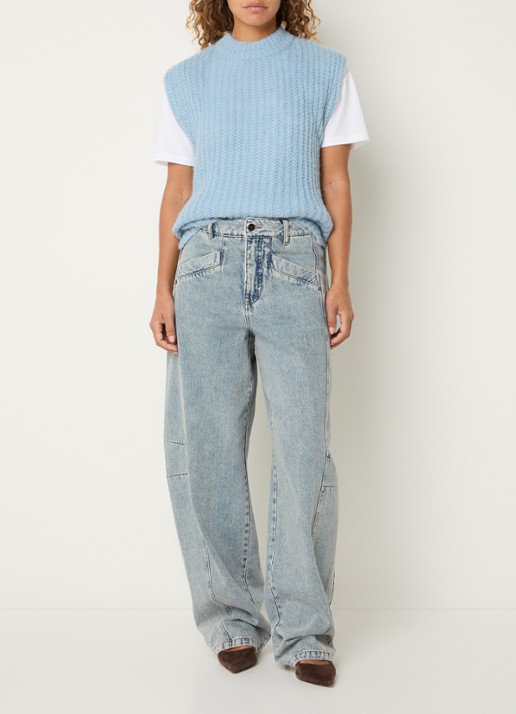 Co'Couture Raina fijngebreide spencer in wolblend met ronde hals - voorkant 2 lichtblauw