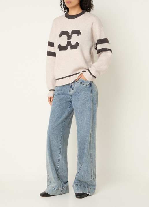 Co'Couture Row Coco fijngebreide trui met ingebreide logoprint - voorkant 3 gebroken wit