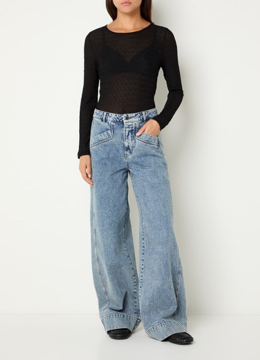 Co'Couture SvalaCC semi-transparante top met opengewerkt dessin - voorkant 4 zwart