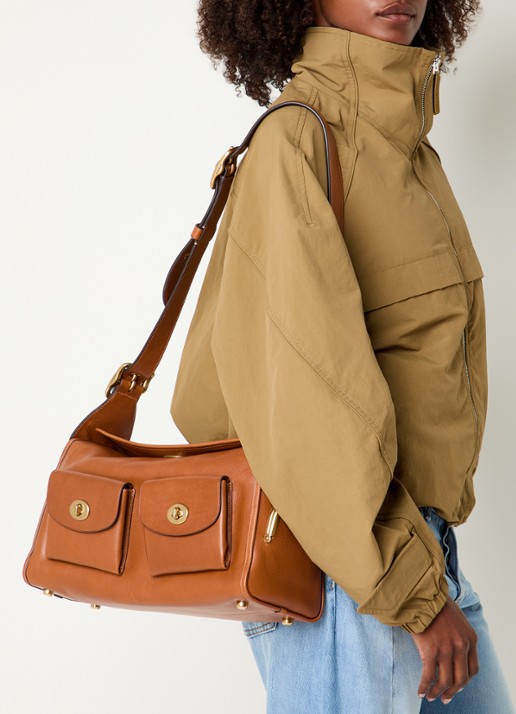 Coach Turnlock Haversack schoudertas van kalfsleer met verstelbare schouderriem  - voorkant 5 bruin