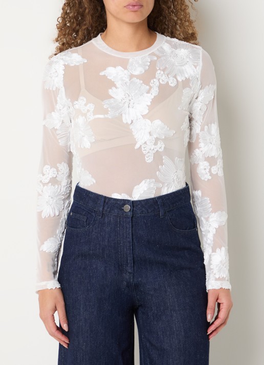 Copenhagen Muse Semi-transparante top van mesh met borduring - detail 2 wit
