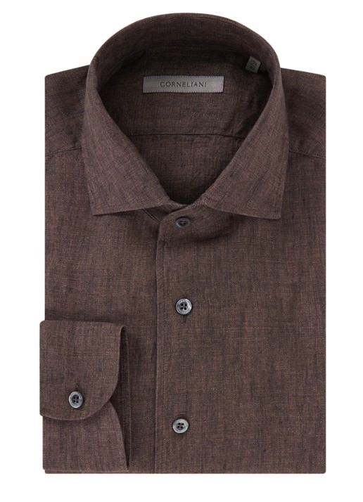 Corneliani Slim fit overhemd van linnen - voorkant 4 donkerbruin