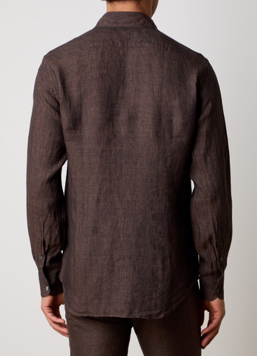 Corneliani Slim fit overhemd van linnen - achterkant 6 donkerbruin