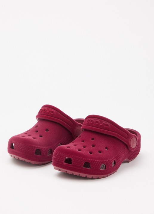 Crocs Classic Velvet Clog instapper van fluweel met logo - voorkant 3 bordeauxrood
