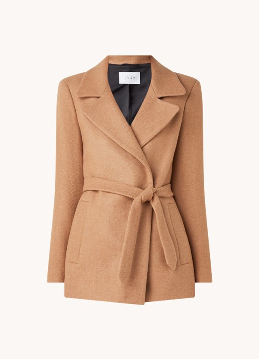 CVRD Eloise mantel in wolblend met strikceintuur - voorkant camel