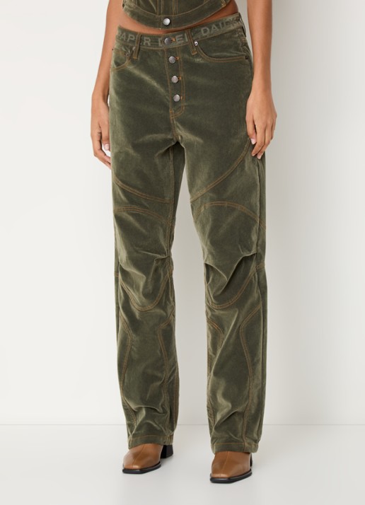 Daily Paper Low waist loose fit jeans van corduroy - detail 4 olijfgroen