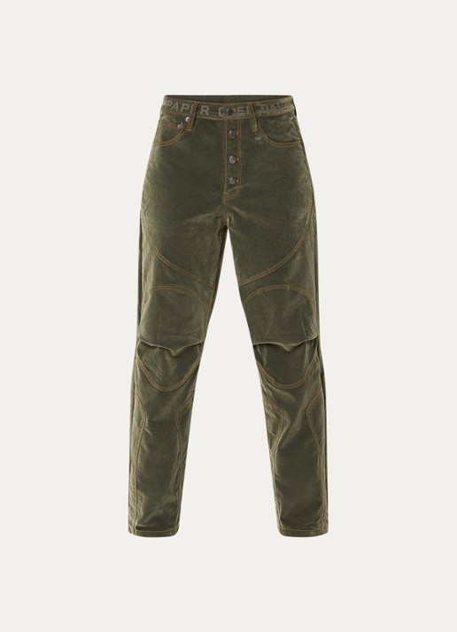 Daily Paper Low waist loose fit jeans van corduroy - voorkant olijfgroen