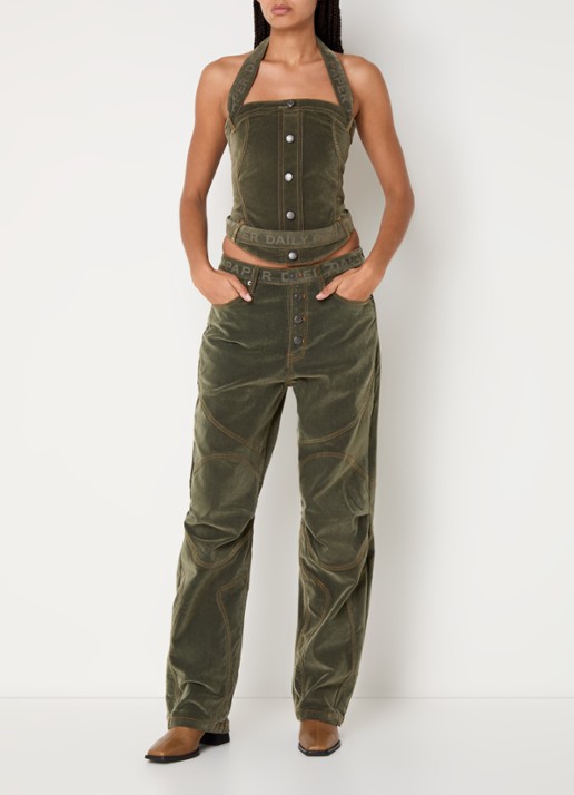 Daily Paper Low waist loose fit jeans van corduroy - voorkant 2 olijfgroen