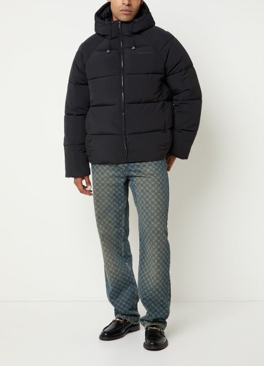 Daily Paper Puffer jack met ritszakken en capuchon - voorkant 3 zwart