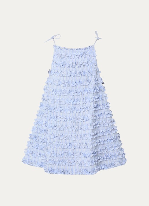 Damson Madder Leili mini jurk met ruches en streepprint - voorkant blauwgrijs
