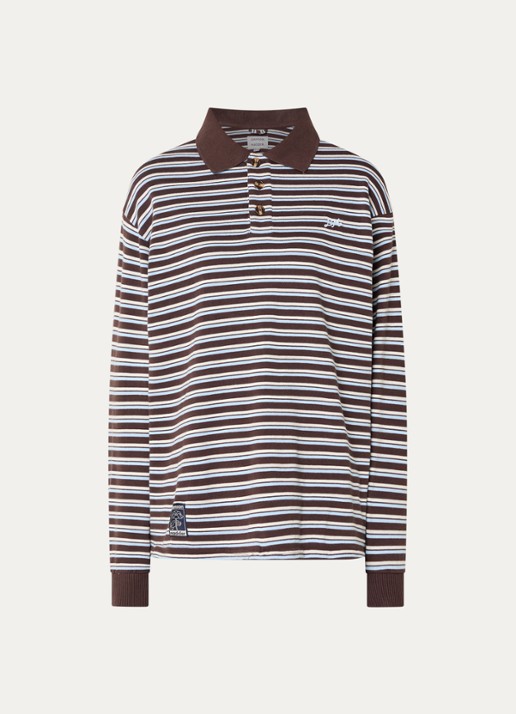 Damson Madder Remie regular fit polo met streepprint - voorkant 2 chocoladebruin