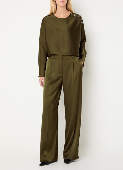 Dante 6 Jules high waist loose fit pantalon van satijn - voorkant 4 donkergroen
