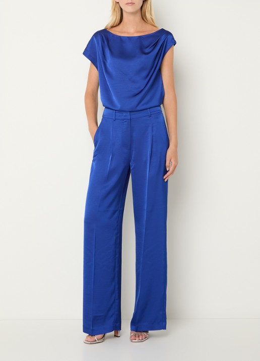 Dante 6 Jules high waist straight fit pantalon van satijn - voorkant 4 kobaltblauw