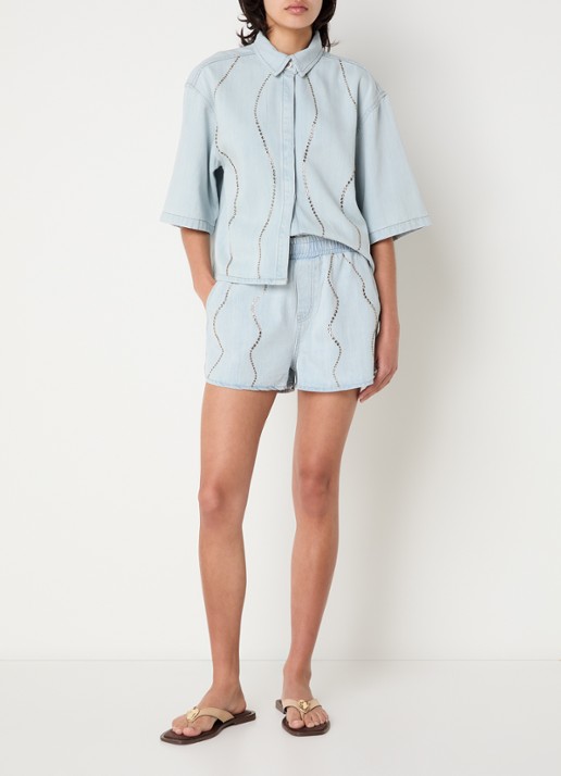 Dante 6 Nerida mid waist straight fit korte broek van denim met pailletten  - voorkant 2 indigo