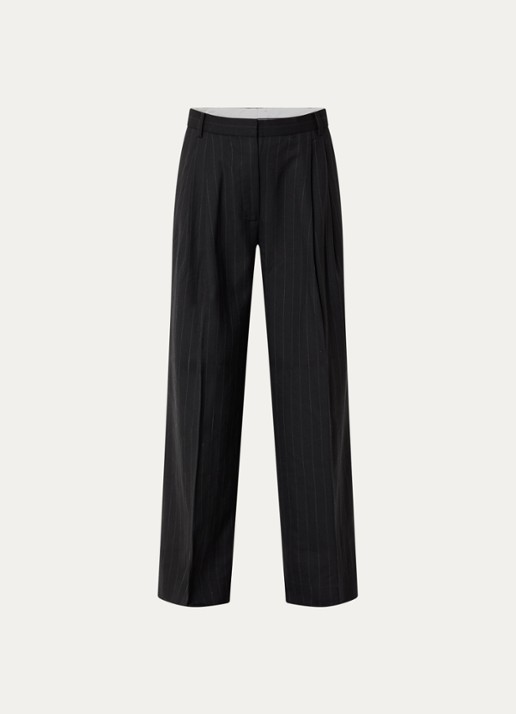 Day Birger et Mikkelsen Enzo mid waist straight fit pantalon in wolblend met krijtstreep - voorkant 2 zwart