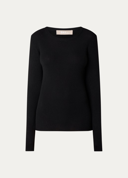 Day Birger et Mikkelsen Mariana longsleeve van merinowol met ribstructuur - voorkant 3 zwart