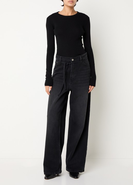 Day Birger et Mikkelsen Mariana longsleeve van merinowol met ribstructuur - voorkant 4 zwart