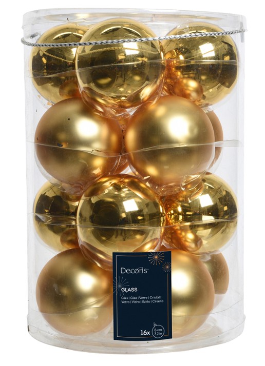 Decoris Kerstbal 8 cm set van 16 - voorkant goud