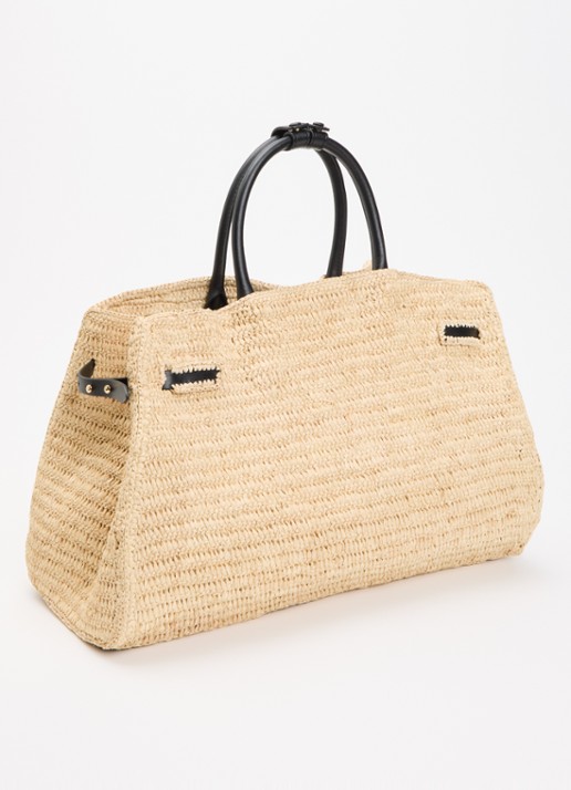 DeMellier The Hudson handtas van raffia met leren details  - achterkant 5 beige