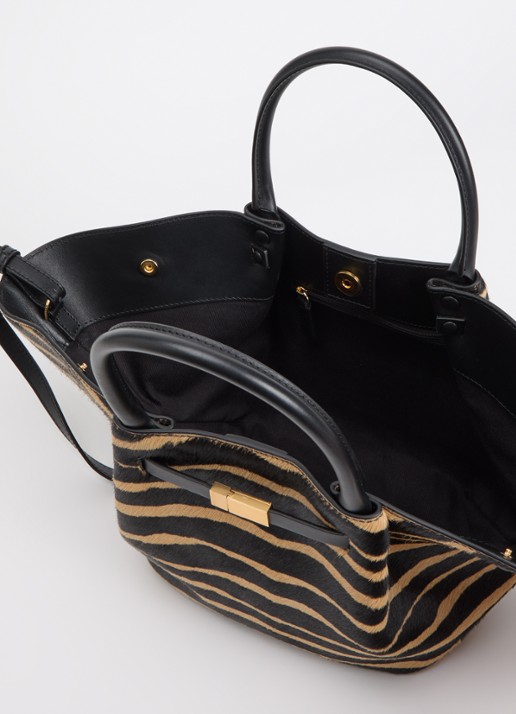 DeMellier The Midi New York handtas van kalfsleer met ponyhair en zebraprint - detail zwart