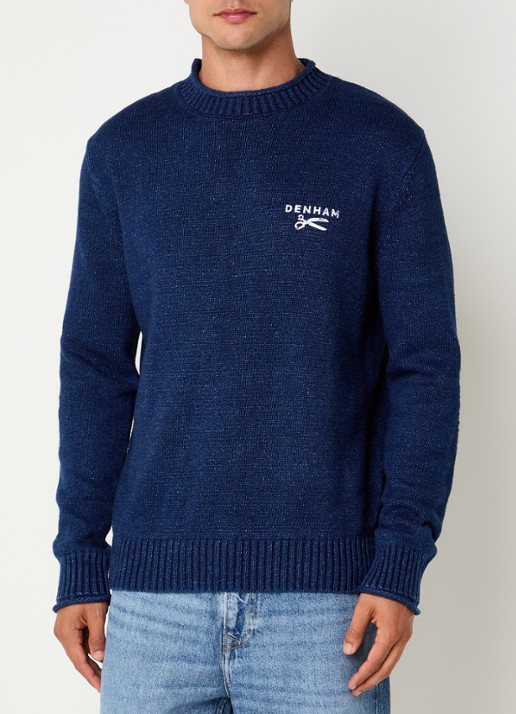 Denham Fijngebreide trui met logo - detail 4 donkerblauw