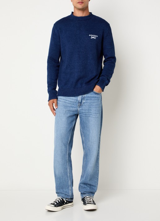 Denham Fijngebreide trui met logo - voorkant 3 donkerblauw