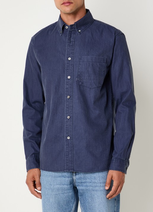 Denham Grid regular fit overhemd met borstzak - detail donkerblauw