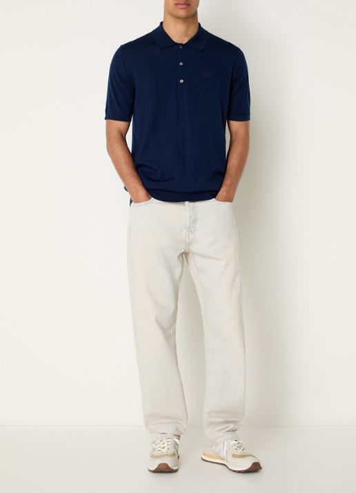 Denham Regular fit polo van wol met logoborduring - voorkant 4 donkerblauw