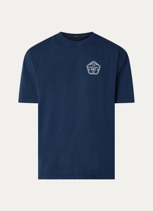 Denham Sake T-shirt met logo- en backprint - voorkant 3 donkerblauw