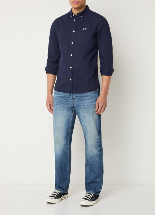 Denham Scissor regular fit overhemd in linnenblend - voorkant 2 donkerblauw