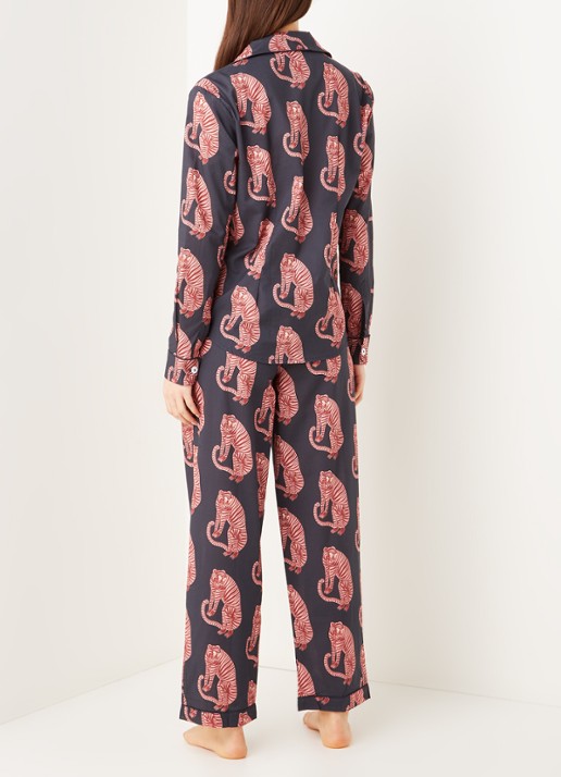 Desmond & Dempsey Tiger pyjamaset van  katoen met print - achterkant donkerblauw