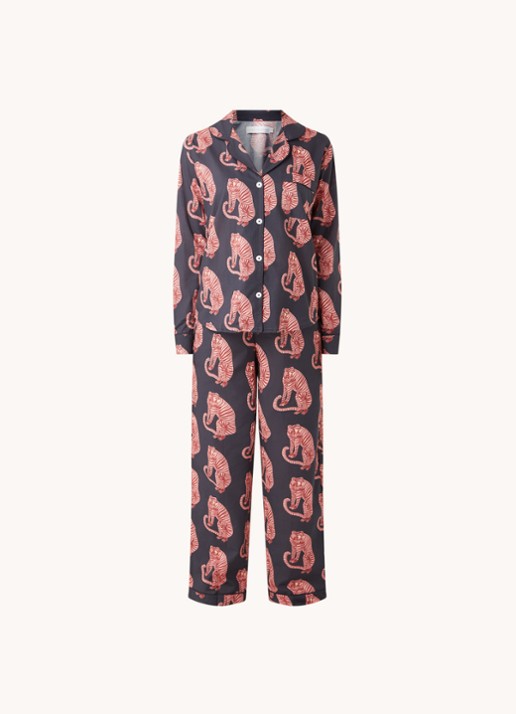 Desmond & Dempsey Tiger pyjamaset van  katoen met print - voorkant 2 donkerblauw