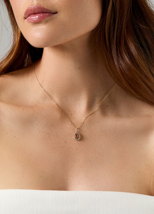 Diamond Point Geelgouden hanger, 0.75 ct oranje saffier ( bew, Eden - voorkant 2 geelgoud