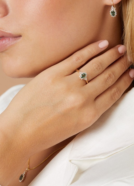 Diamond Point Geelgouden oorsieraden, 1.21 ct groene saffier, Eden - detail 2 geelgoud